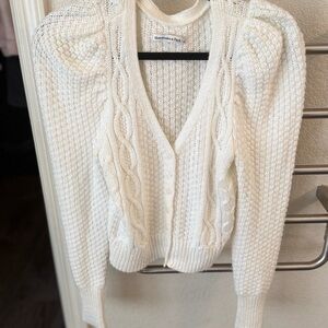 Abercrombie and Fitch White Cable Knit Cardigan Sweater puff shoulder